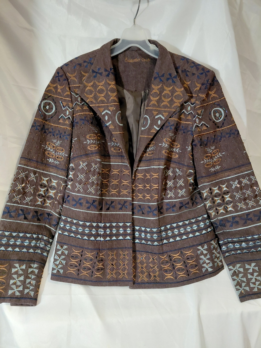 Coldwater Creek Brown Embroidered Pattern Blazer with Blue & Tan Accents